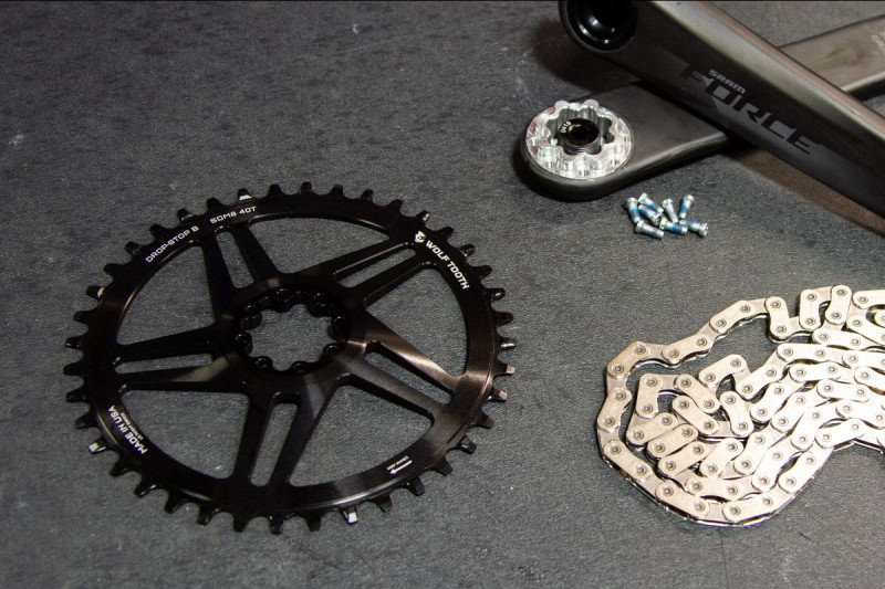 New Wolf Tooth Gold Morse Cages and Chainring for SRAM Direct Mount 8-Bolt
