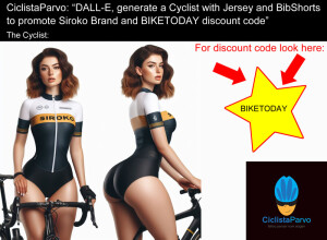 CiclistaParvo: “DALL-E, generate a Cyclist with Jersey and BibShorts to promote Siroko Brand and BIKETODAY discount code”
