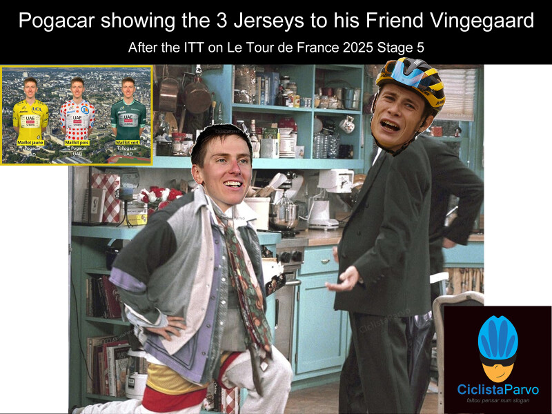 Pogacar showing the 3 Jerseys to his Friend Vingegaard After the ITT on Le Tour de France 2025 Stage 5