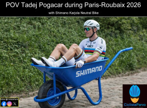 POV Tadej Pogacar during Paris-Roubaix 2026 with Shimano Karjola Neutral Bike