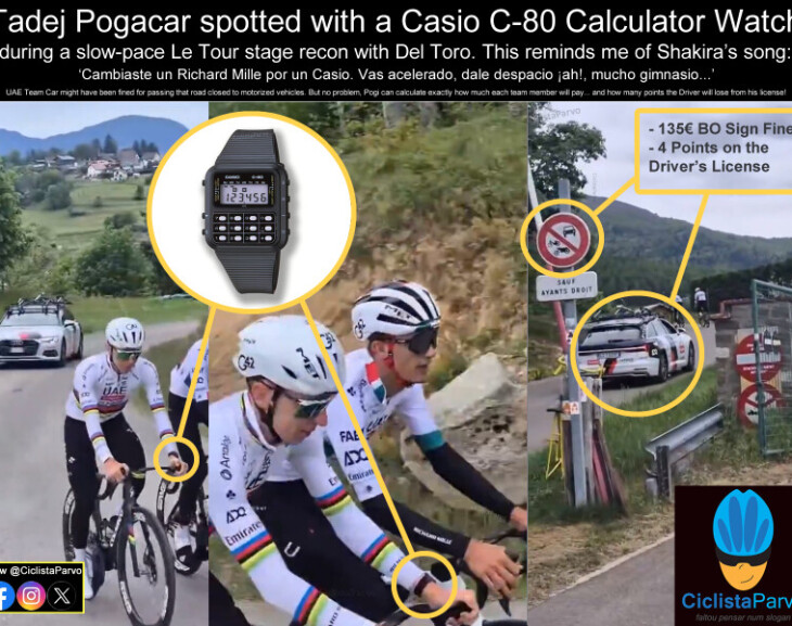 Tadej Pogacar spotted with a Casio C-80 Calculator Watch during a slow-pace Le Tour stage recon with Del Toro