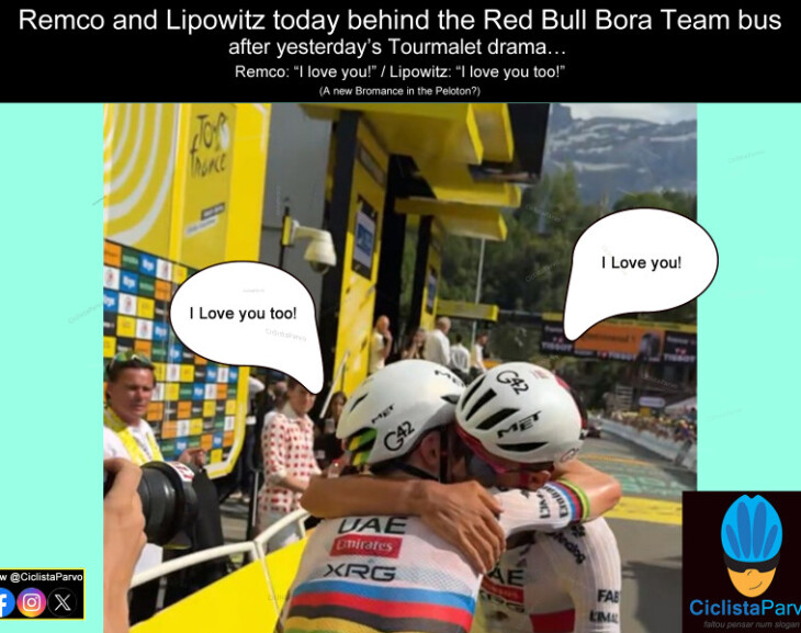 Remco and Lipowitz today behind the Red Bull Bora Team bus